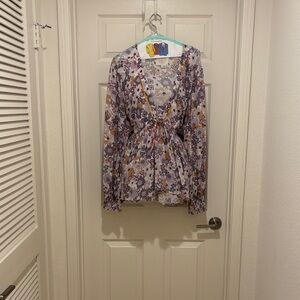 Johnny Was Sheer Floral Blouse - Purple and Yellow